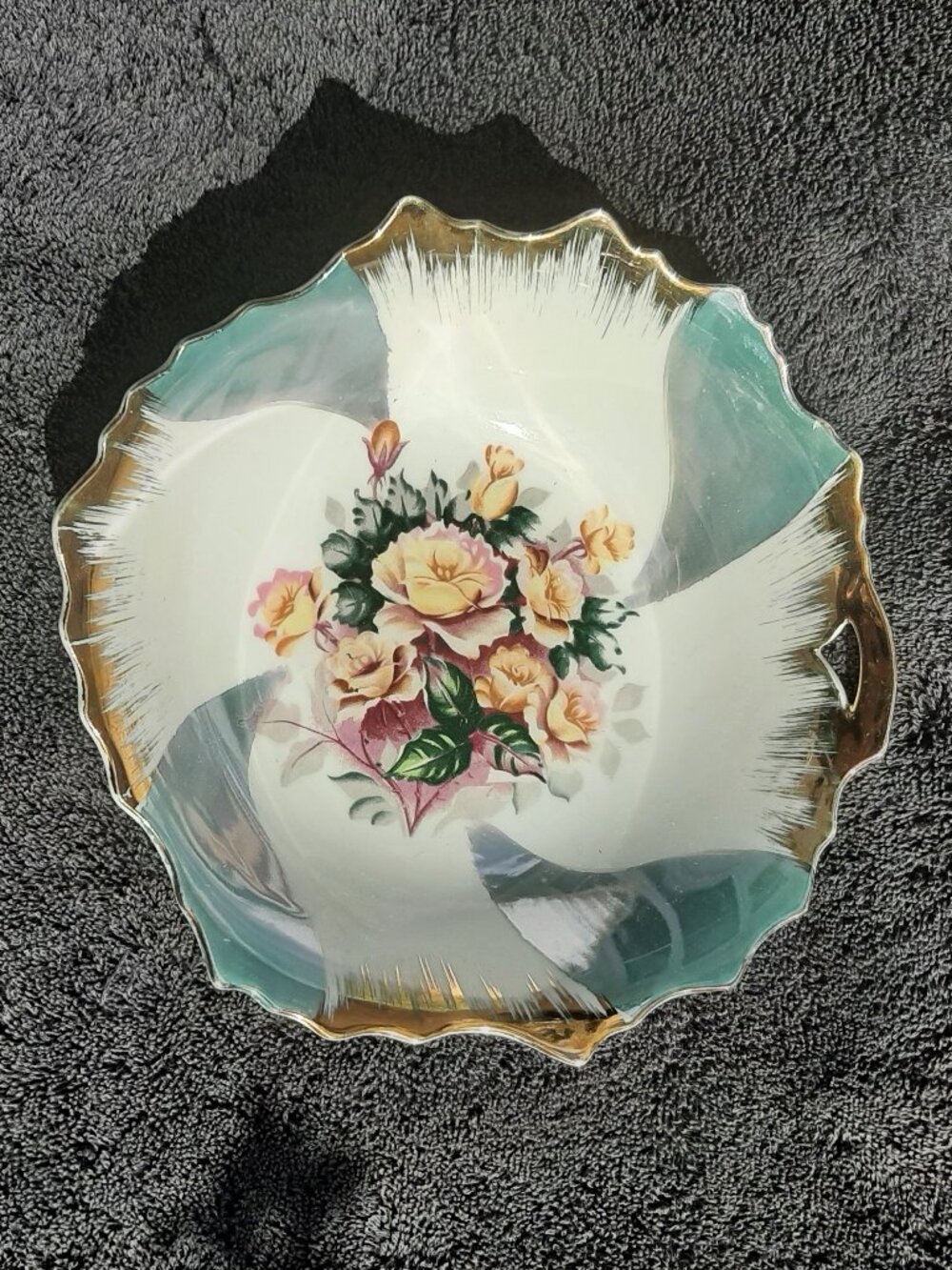 Vintage Porcelain Serving Bowl 7.5" Flowers with Gold Trim Made in Japan